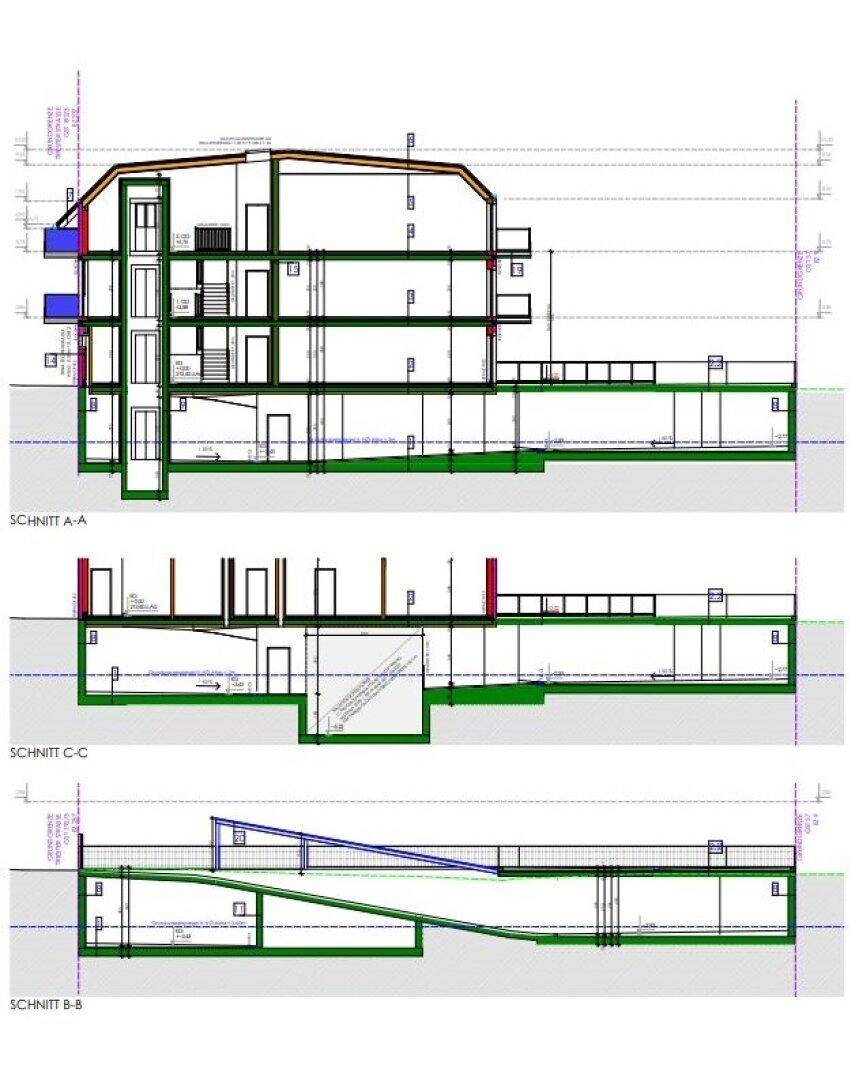 Architektonische Schnitte des Gebäudes, die die vertikale Struktur und die verschiedenen Ebenen zeigen.