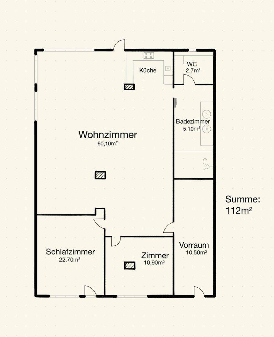 Grundrissplan einer Wohnung mit Wohnzimmer, Schlafzimmer, Küche und zwei Bädern.
