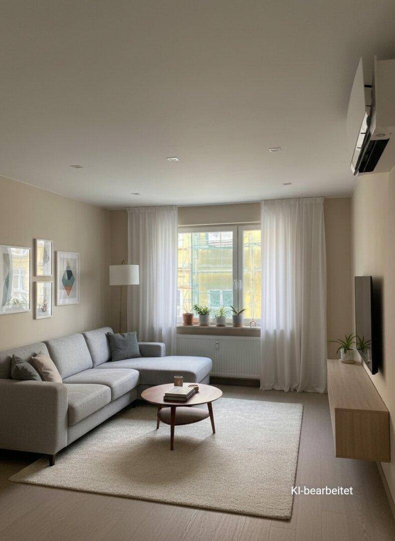 Helles Wohnzimmer mit bequemem Sofa, Couchtisch und Blick auf die Stadt.