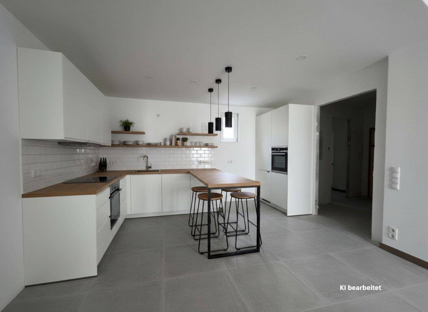 Moderne Küche mit weißen Schränken, Holztheke und integrierten Geräten.