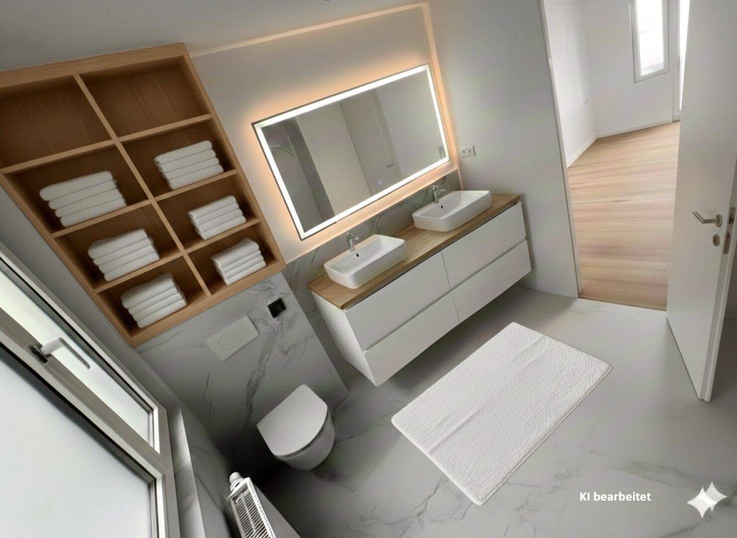 Modernes Badezimmer mit Doppelwaschbecken, beleuchtetem Spiegel und begehbarer Dusche.