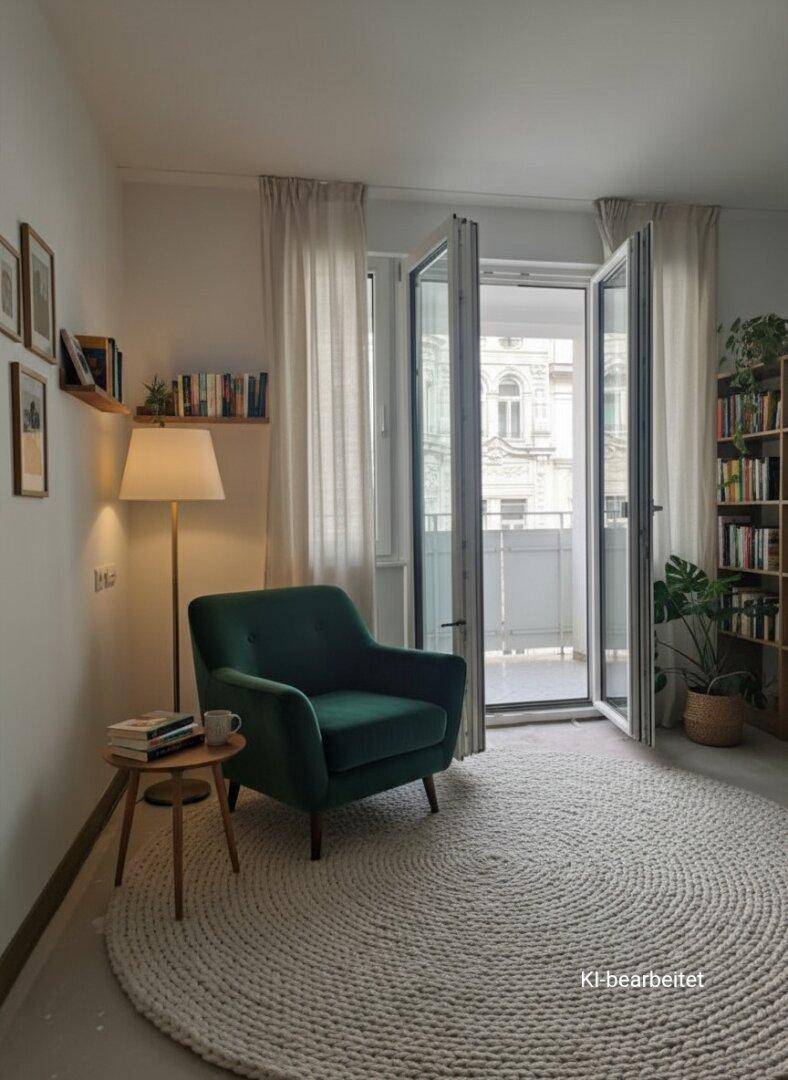 Gemütlicher Wohnbereich mit Lesesessel, Bücherregalen und Zugang zu einem französischen Balkon.
