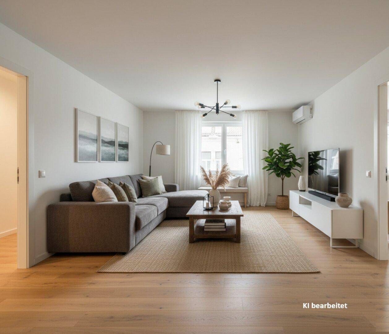 Geräumiges Wohnzimmer mit großem Ecksofa, Holzboden und viel natürlichem Licht.
