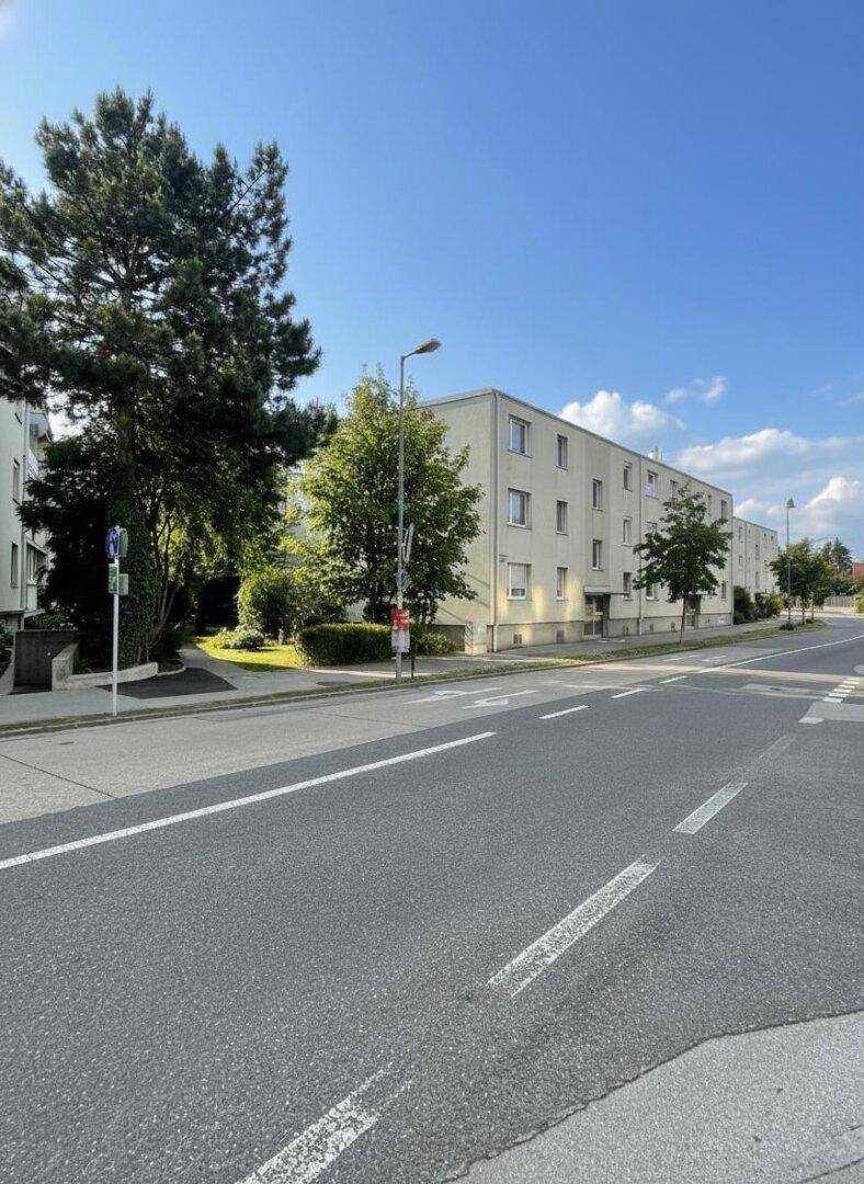 Ruhige Wohnstraße mit Mehrfamilienhäusern, Bäumen und blauem Himmel an einem sonnigen Tag.