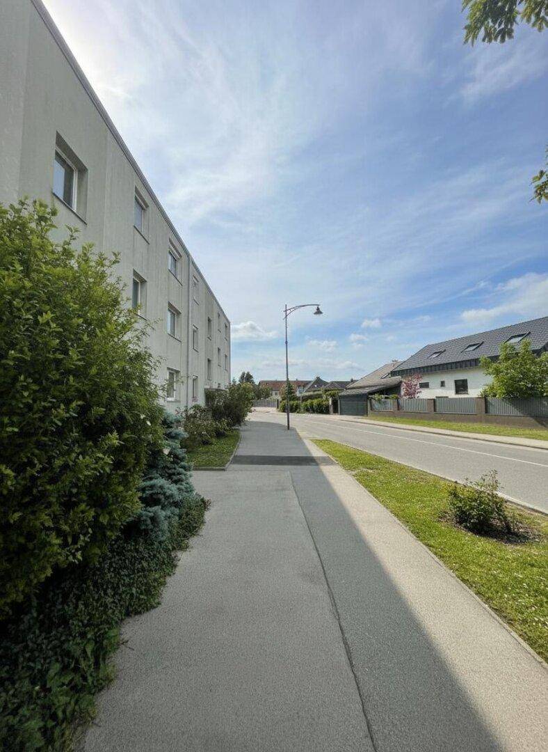 Bürgersteig neben einem Wohngebäude mit Hecken und Bäumen, unter blauem Himmel.