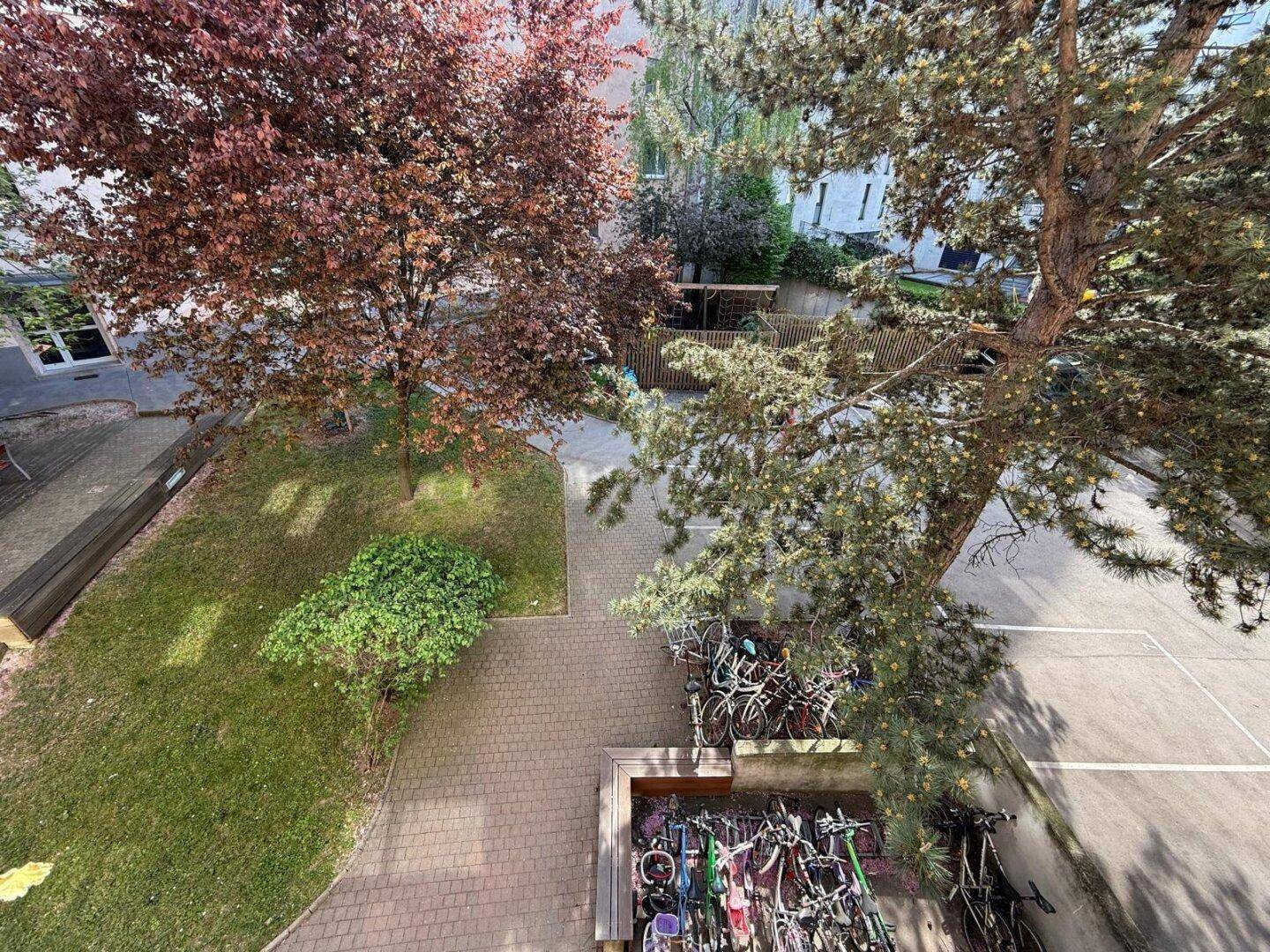 Blick von oben auf einen begrünten Innenhof mit Bäumen, Fahrradstellplätzen und gepflasterten Wegen.