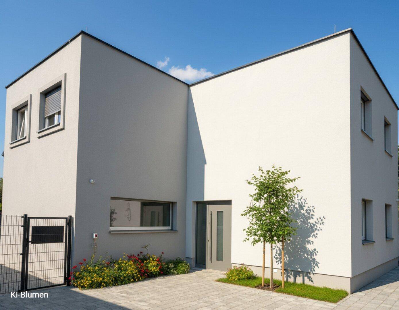 Moderne Hausfassade mit Eingangsbereich, kleinen Bäumen und gepflegtem Vorgarten.