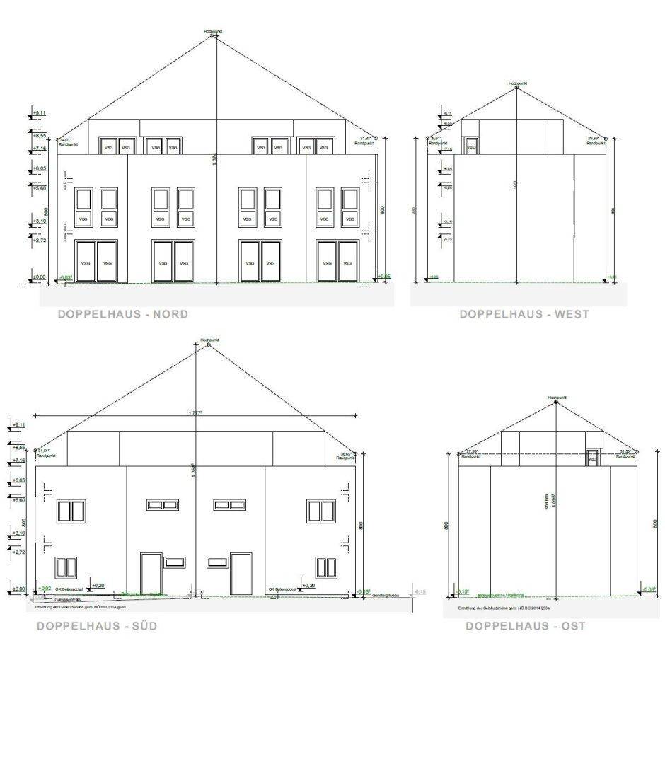 Ansichten des Doppelhauses von allen vier Seiten mit Fenstern und Dachform.