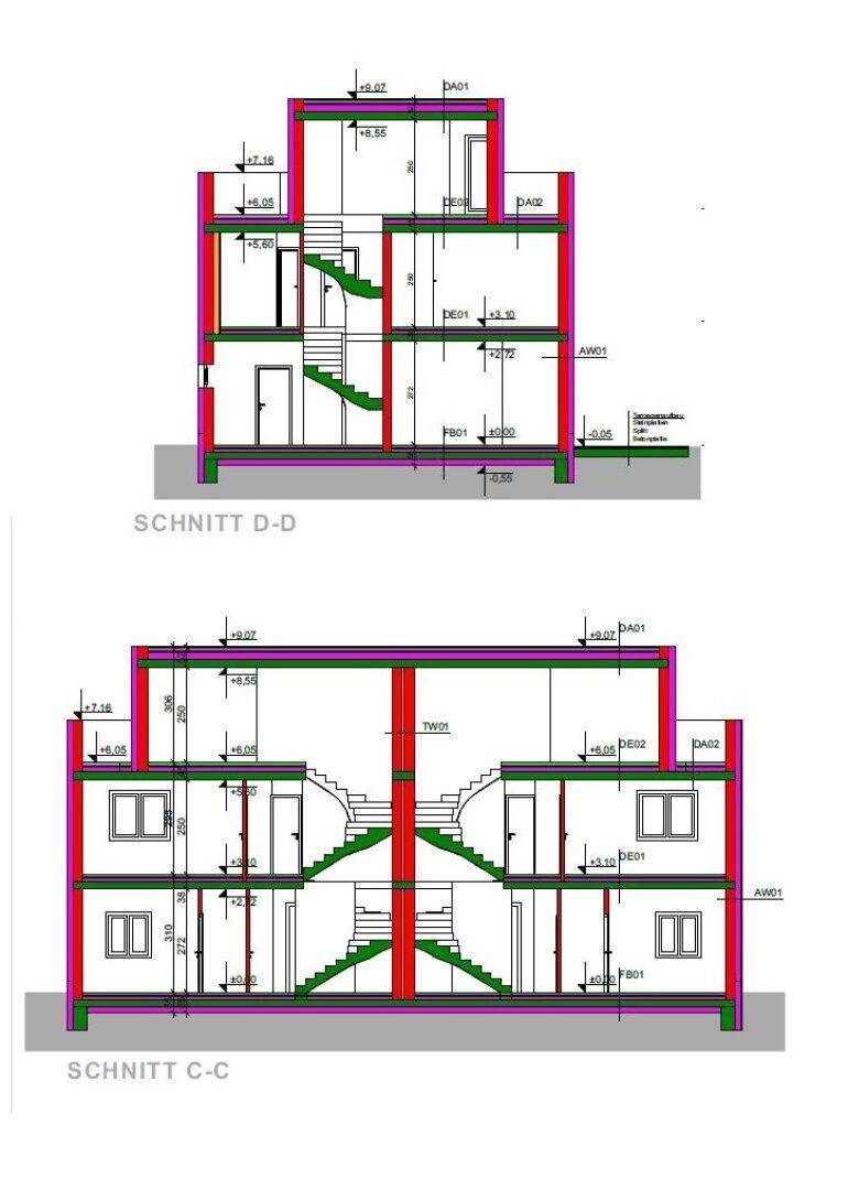 Architektonische Schnitte des Gebäudes zeigen die vertikale Struktur und die verschiedenen Stockwerke.