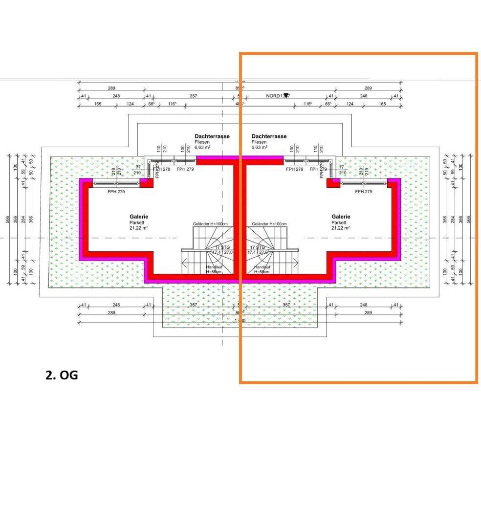 Gesamtgrundriss des zweiten Obergeschosses mit Dachterrassen und Galerien für beide Wohneinheiten.