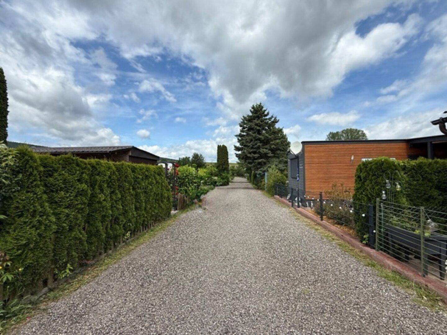 Langer Schotterweg, gesäumt von hohen Hecken und Bäumen, der zu den Häusern führt.