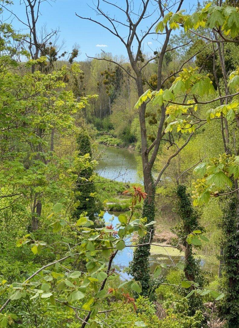 Malerischer Blick auf einen Fluss, der sich durch einen dichten, grünen Wald schlängelt.