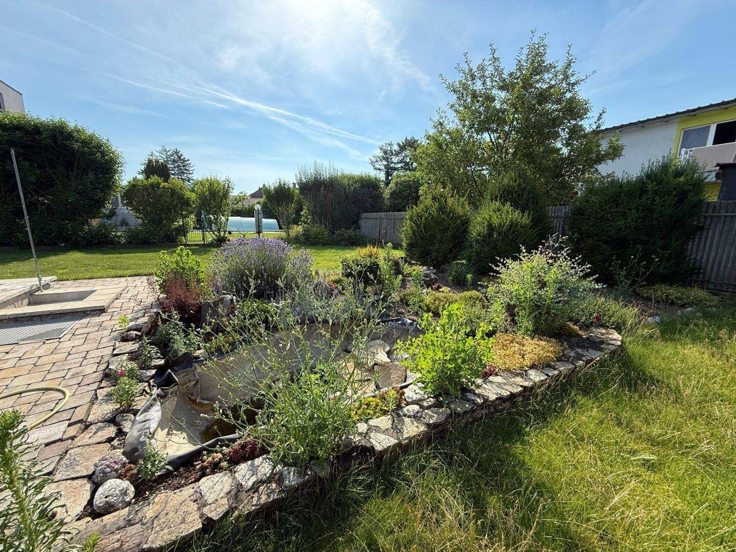 Mediterraner Gartenbereich mit einem kleinen Teich und üppiger Bepflanzung.
