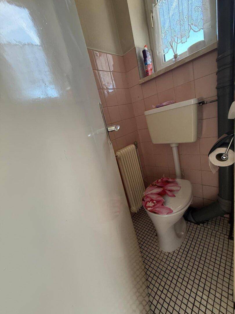 Separate Toilette mit rosa Fliesen und Fenster für natürliche Belüftung.