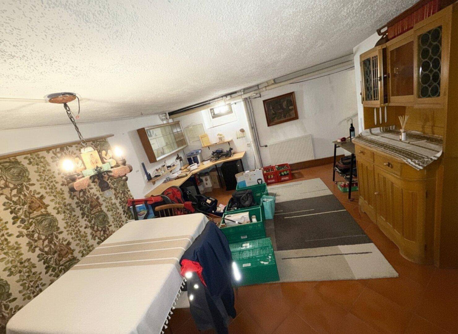 Gemütlicher Wohn- und Essbereich im Keller mit rustikalen Möbeln und Teppichboden.