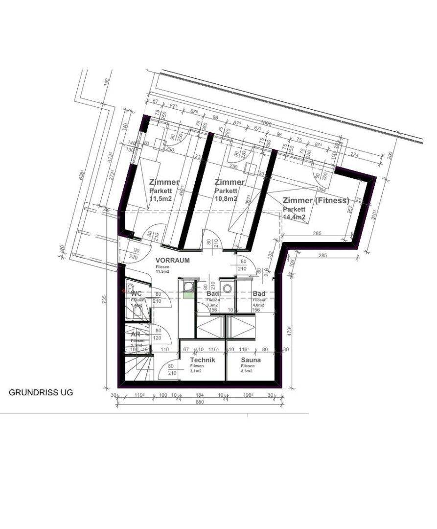 Grundriss des Untergeschosses mit Technikraum, Sauna, Bad und weiteren Zimmern, die vielseitig nutzbar sind.