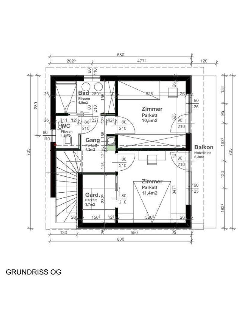 Grundriss des Obergeschosses mit zwei Schlafzimmern, Bad, WC und Balkon, der die private Zone darstellt.