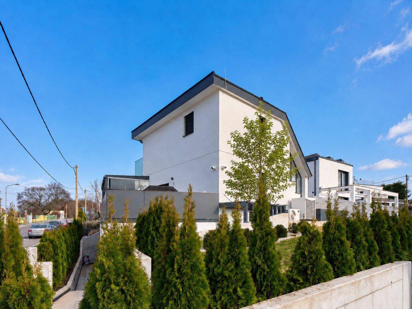 Seitenansicht eines modernen Hauses mit gepflegter Hecke und Blick auf die Straße.