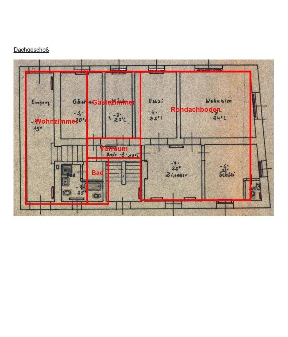 Grundriss des Dachgeschosses mit eingezeichneten Wohnbereichen, Schlafzimmern und Bad.