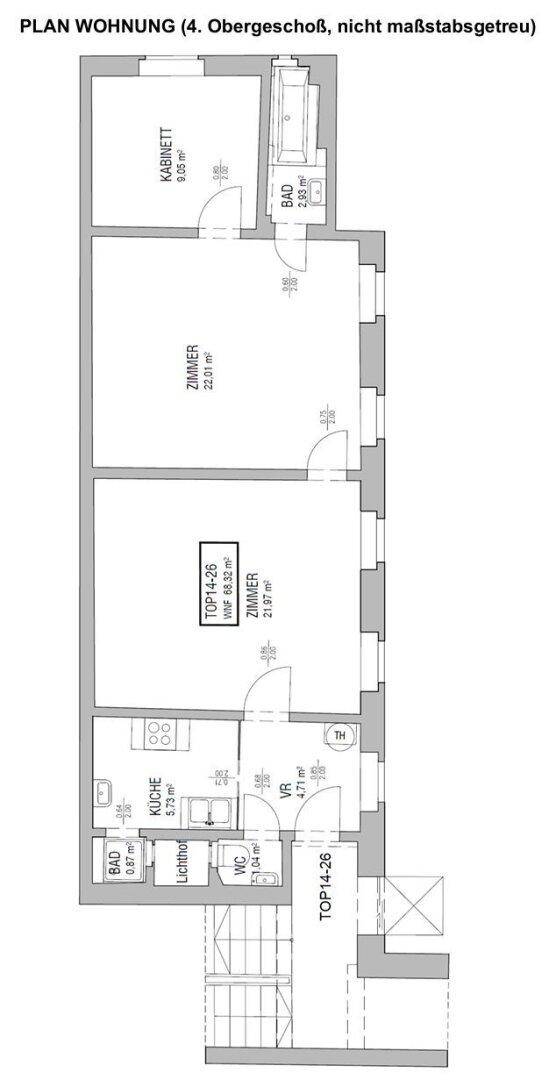 Grundriss einer Wohnung im vierten Obergeschoss mit mehreren Zimmern und Bädern.