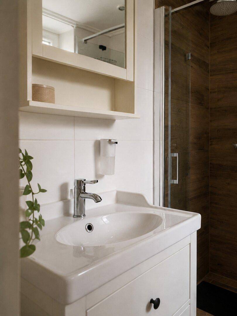 Waschbecken mit Spiegelschrank und modernen Armaturen im hellen Badezimmer.