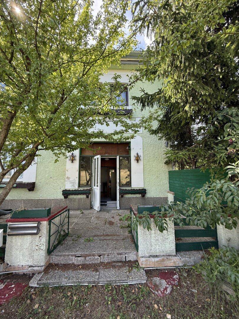 Haupteingang des Hauses mit Doppeltür, umgeben von Bäumen und einem kleinen Treppenaufgang.