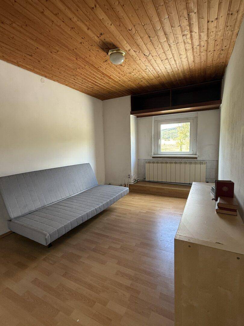 Gemütlicher Raum mit Schlafsofa, Holzdecke und Blick ins Grüne, ideal als Gästezimmer.