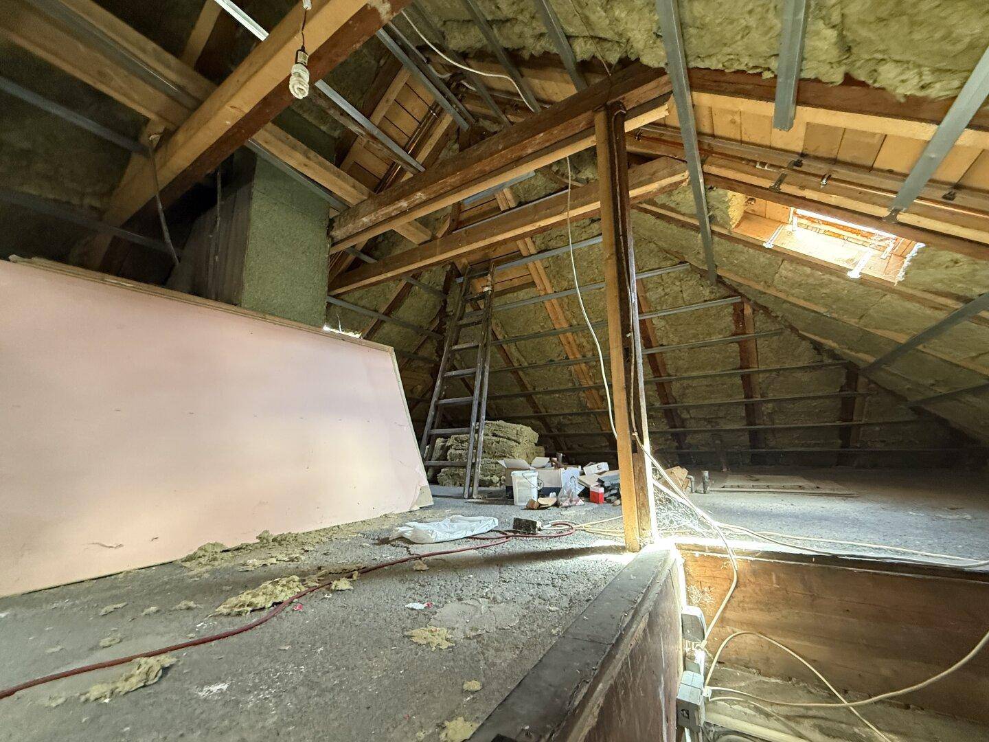 Unausgebauter Dachboden mit sichtbaren Holzbalken, Isolierung und Dachfenstern, bietet Ausbaupotenzial.