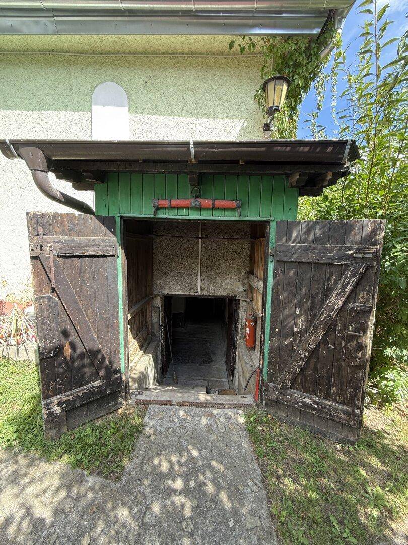 Rustikaler Eingang zum Keller oder Untergeschoss mit Holztüren und Vordach.