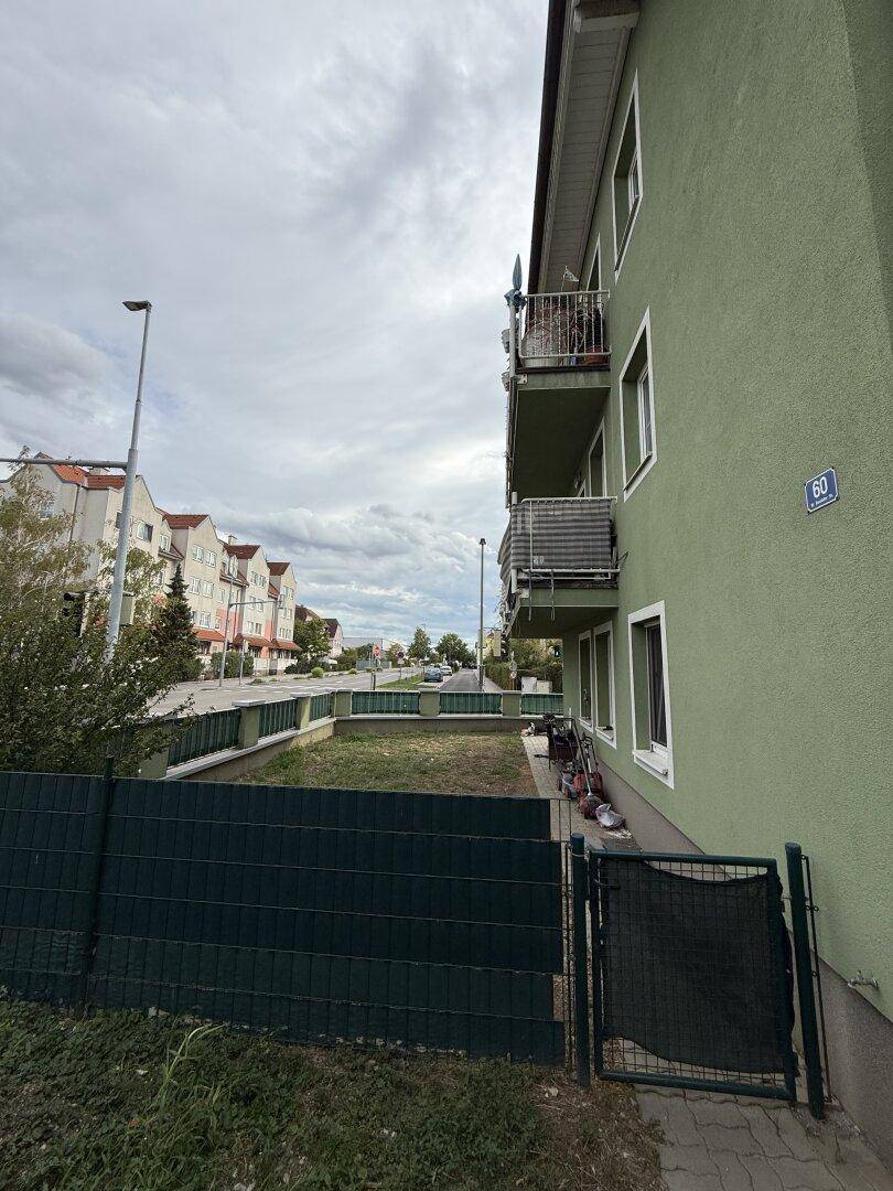 Seitenansicht des Gebäudes mit grüner Fassade, kleinem Zaun und Blick auf die Straße.