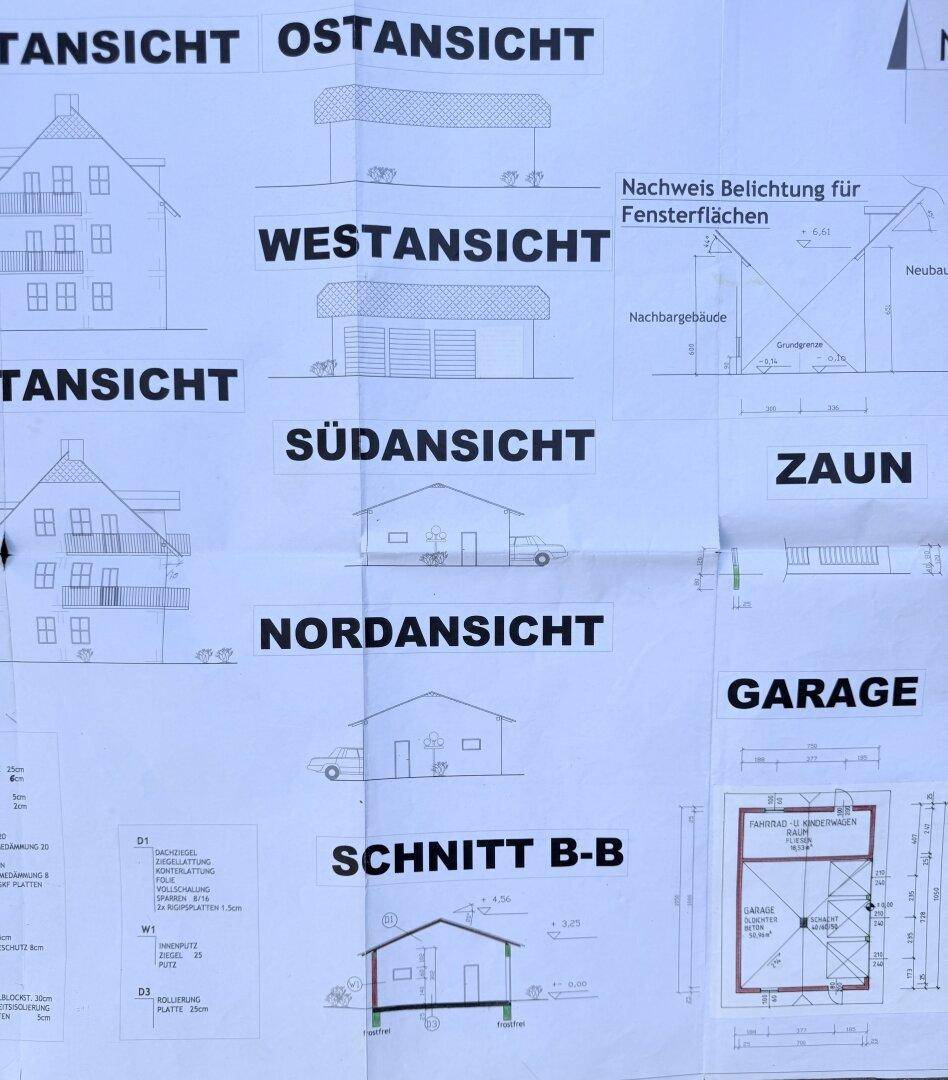 Sammlung verschiedener Ansichten und Schnitte des Gebäudes und der Umgebung.