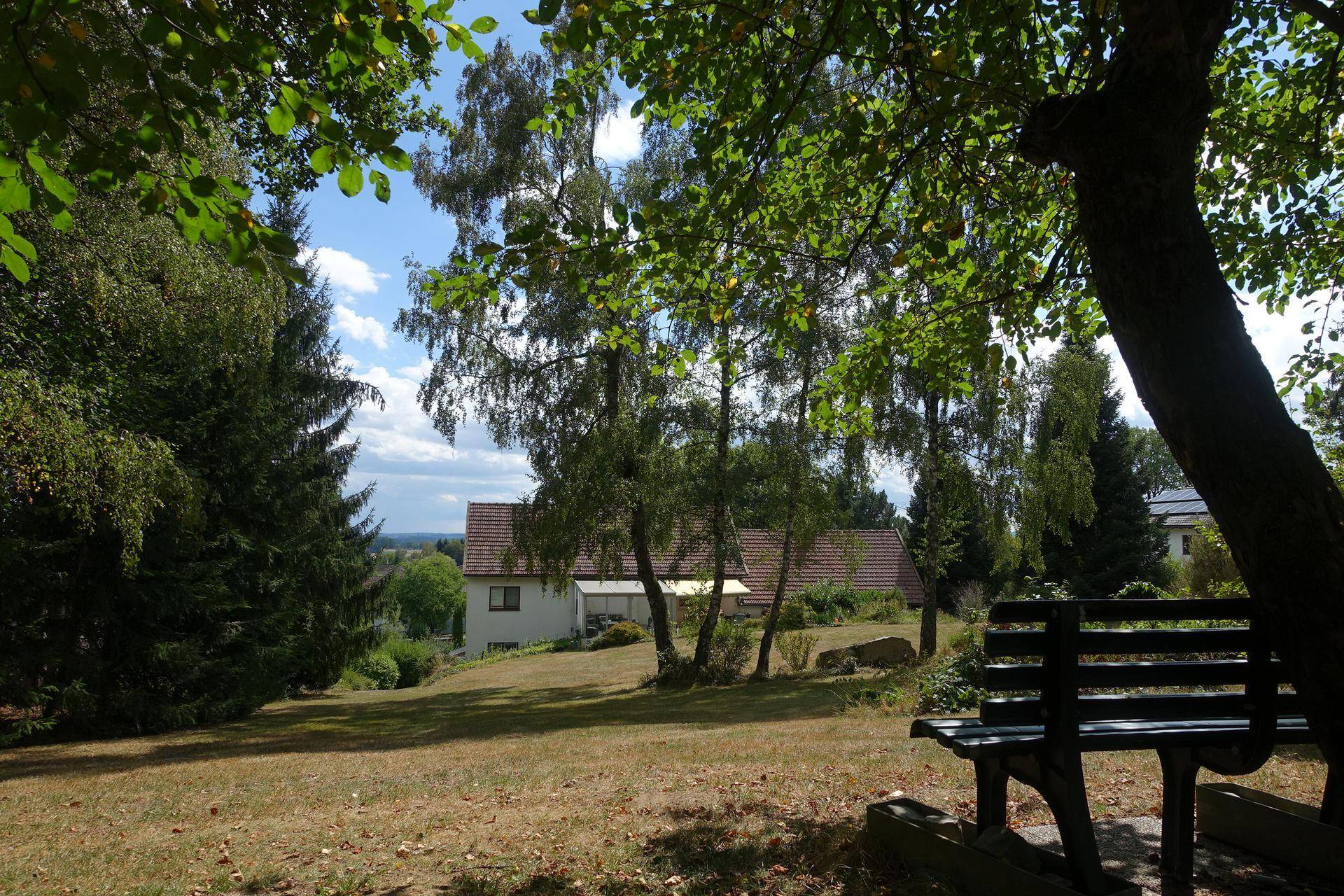 Weitläufige Rasenfläche mit Bäumen und dem Haus im Hintergrund unter blauem Himmel.