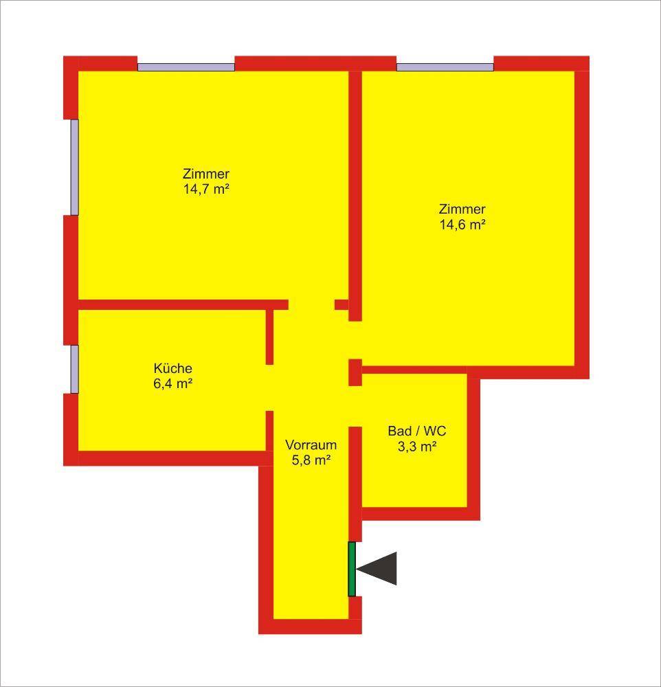 Grundriss einer Wohnung mit zwei Zimmern, Küche, Bad/WC und Vorraum.
