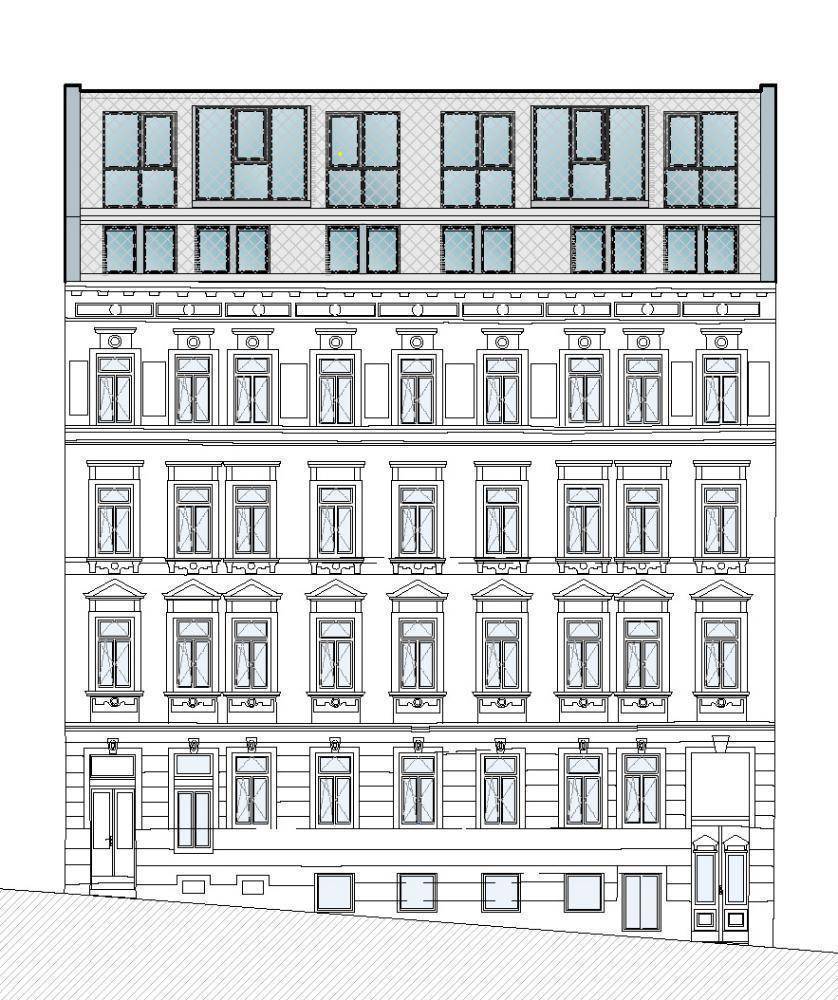 Architektonische Zeichnung der Gebäudefassade mit Details der Fenster und des Dachaufbaus.