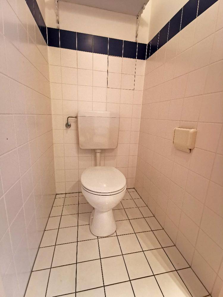Separates WC mit Toilette und weißen Fliesen, ergänzt durch eine blaue Dekorationslinie.