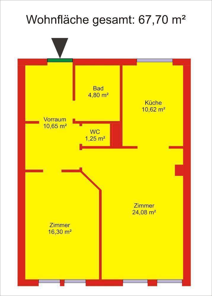 Grundriss der Wohnung mit einer Gesamtwohnfläche von 67,70 m², zeigt die Raumaufteilung.