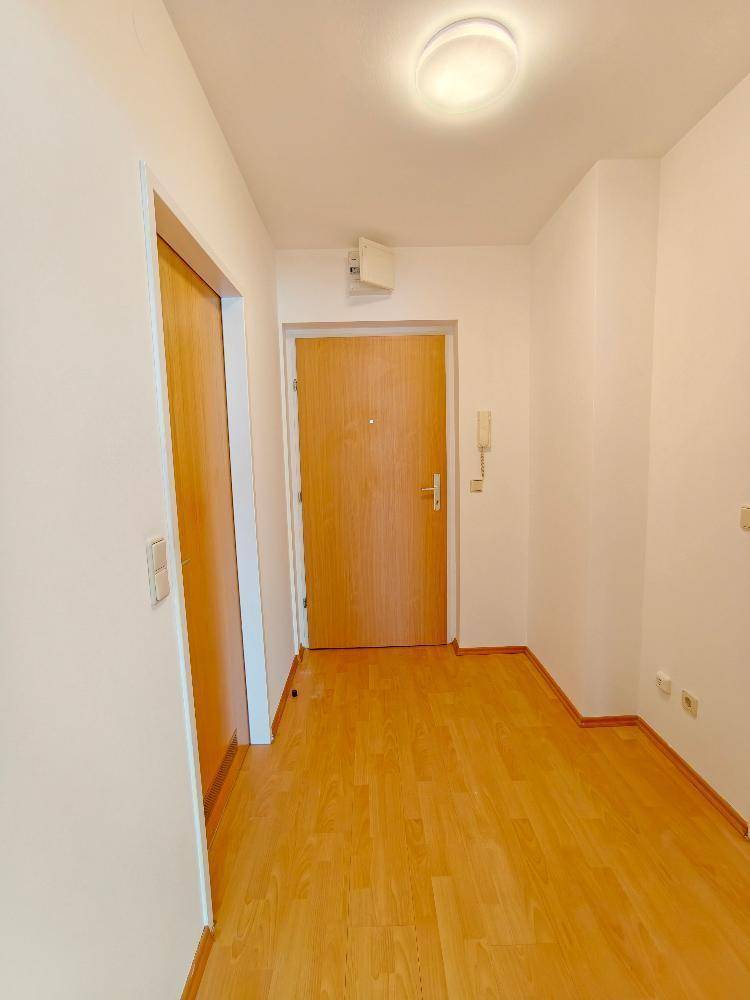 Heller Flur mit Holztür und Gegensprechanlage, der zu den Wohnräumen führt, einladend und funktional.