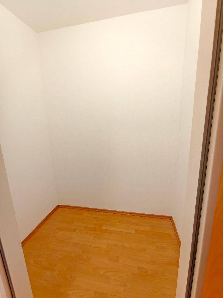 Kleiner Abstellraum mit hellem Holzfußboden und weißen Wänden, ideal für zusätzlichen Stauraum.