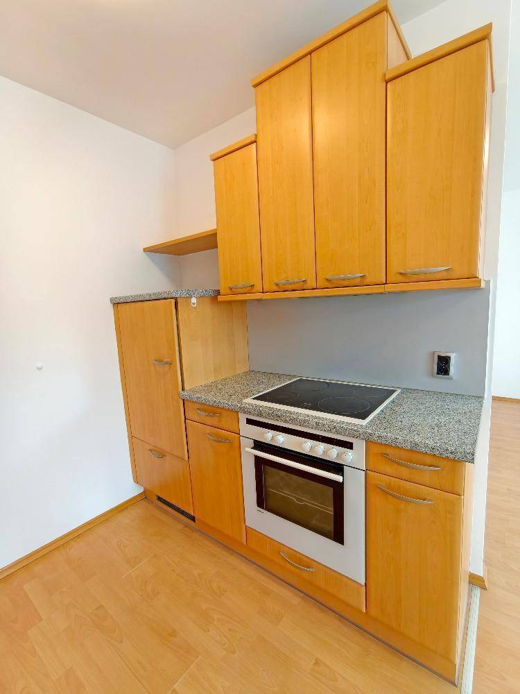 Detailansicht der Küchenzeile mit Kochfeld, Backofen und Oberschränken aus hellem Holz, funktional und gepflegt.