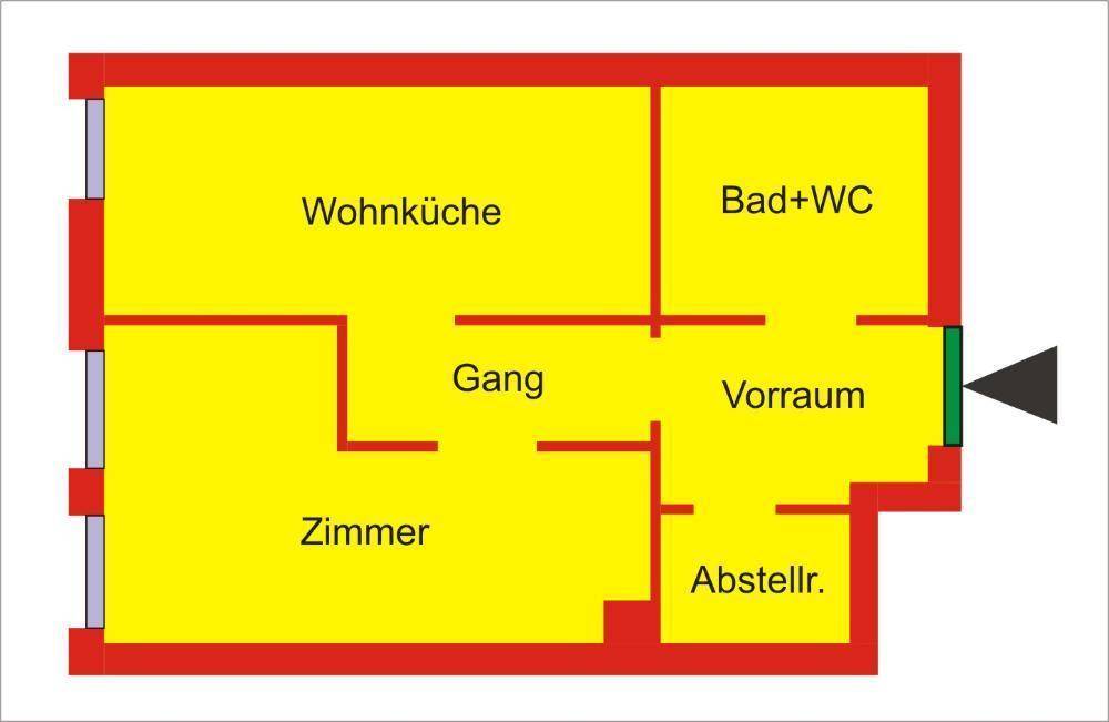 Grundriss einer Wohnung mit Wohnküche, Zimmer, Bad, WC, Gang, Vorraum und Abstellraum, gut strukturiert.