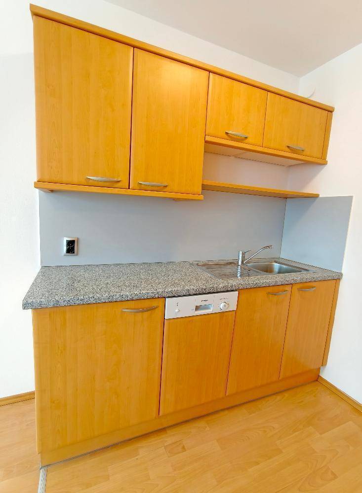 Küchenbereich mit Spüle, Geschirrspüler und passenden Holzschränken unter der Granitarbeitsplatte, praktisch und sauber.