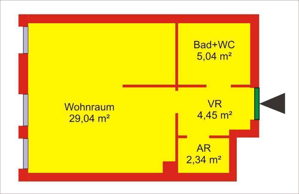 Grundriss einer Wohnung mit Wohnraum, Bad, WC, Vorraum und Abstellraum, übersichtlich dargestellt.