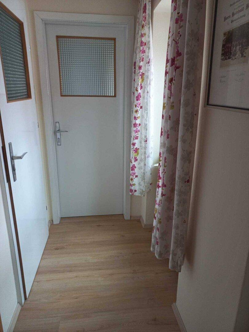 Schmaler Flur mit Laminatboden und einer Tür mit Glaseinsatz.