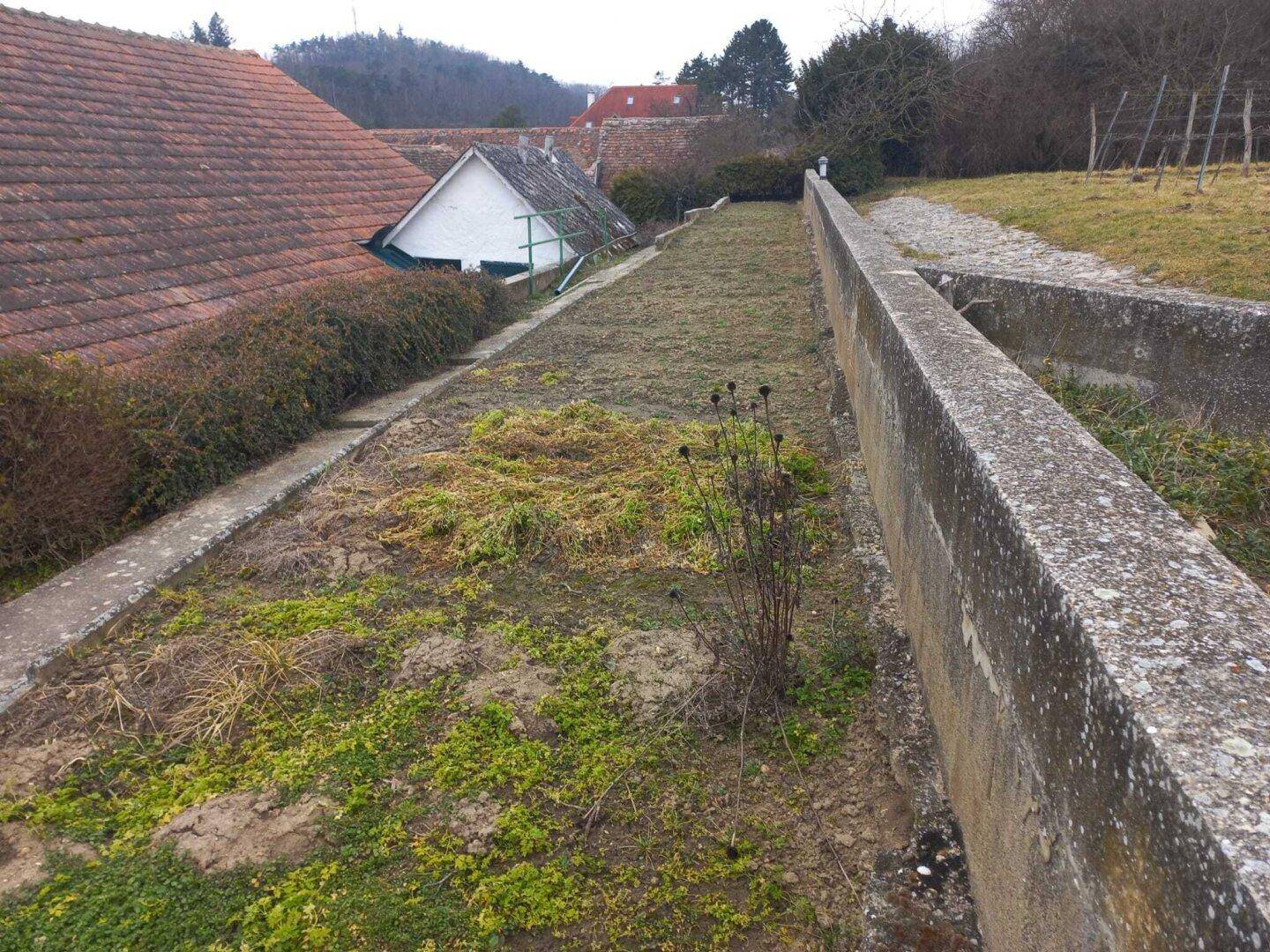 Länglicher Gartenbereich mit Betonmauern und teilweise bewachsenem Boden.