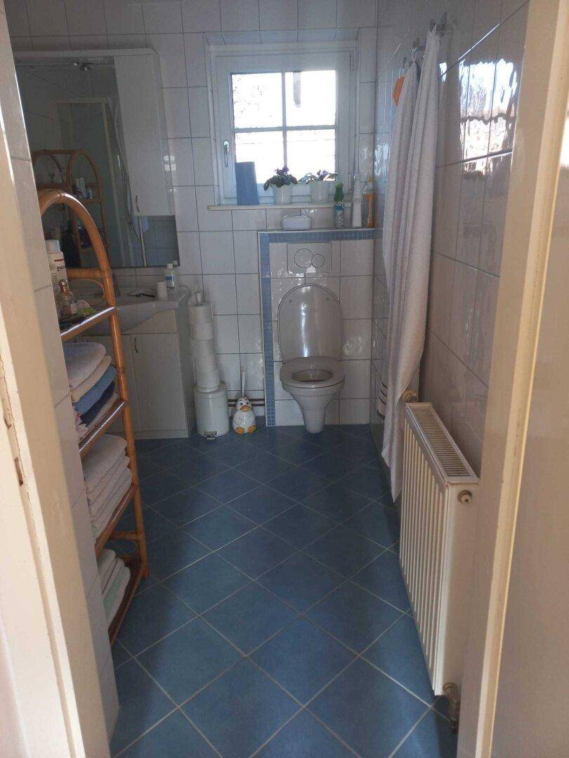 Badezimmer mit blauen Bodenfliesen, weiß gefliesten Wänden und einem Fenster für Tageslicht.