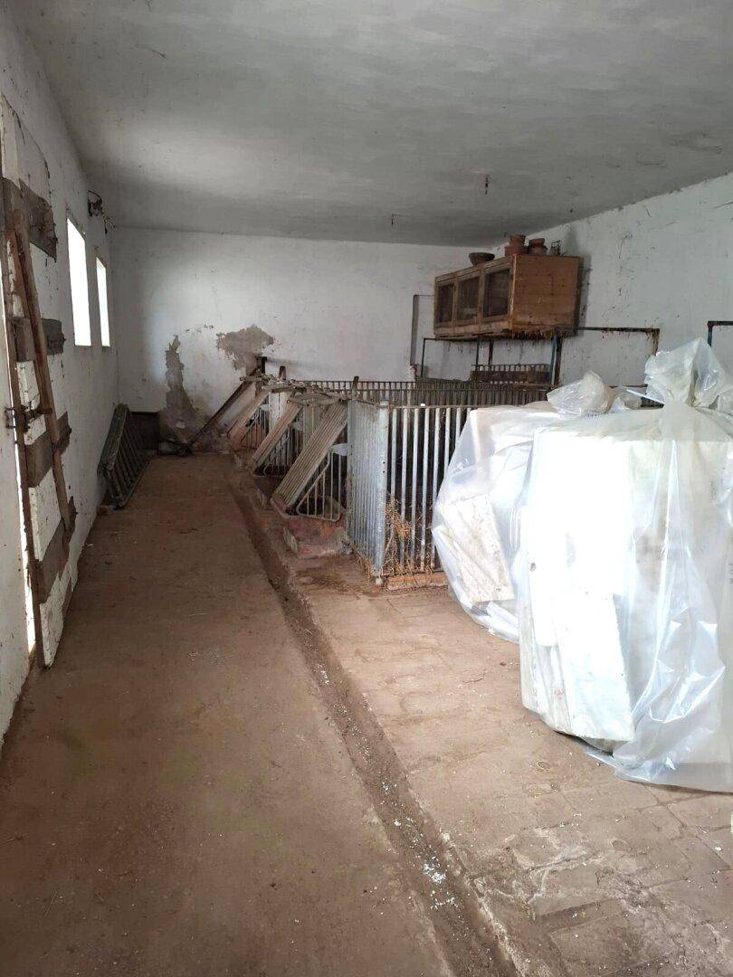 Großer Raum, möglicherweise ein ehemaliger Stall oder Lagerbereich, mit Betonboden und Gitterstrukturen.