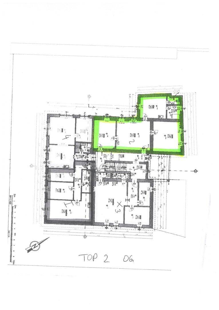 Grundrissplan der Wohnung "TOP 2 OG" mit mehreren Zimmern und klarer Raumaufteilung.