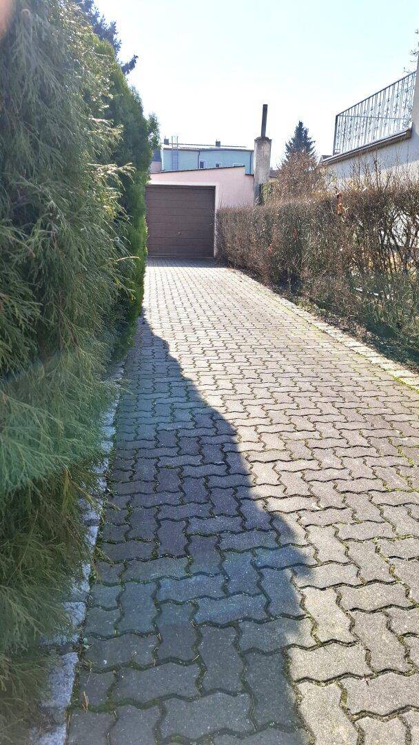 Gepflasterte Einfahrt zum Garagentor, umgeben von hohen Hecken.