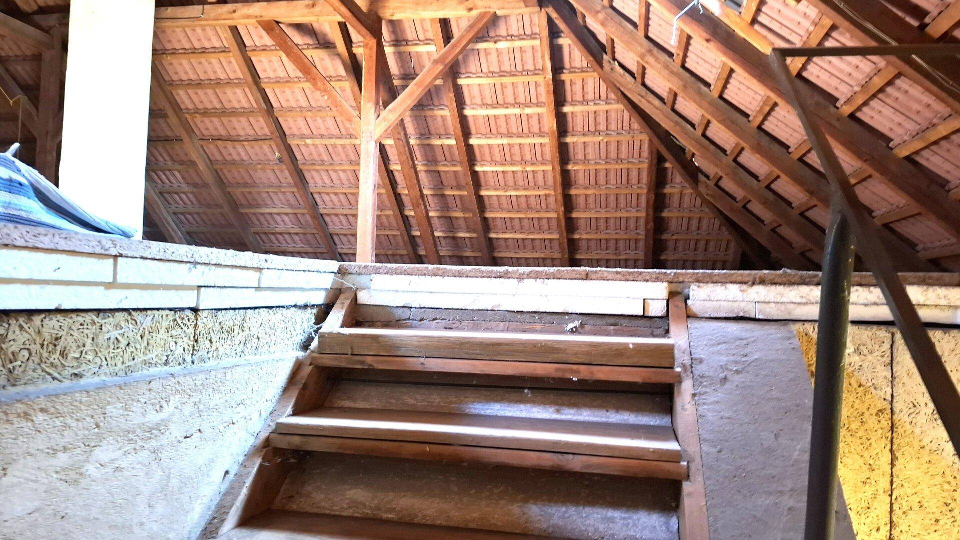 Unausgebauter Dachboden mit sichtbarer Holzkonstruktion und Dachziegeln.