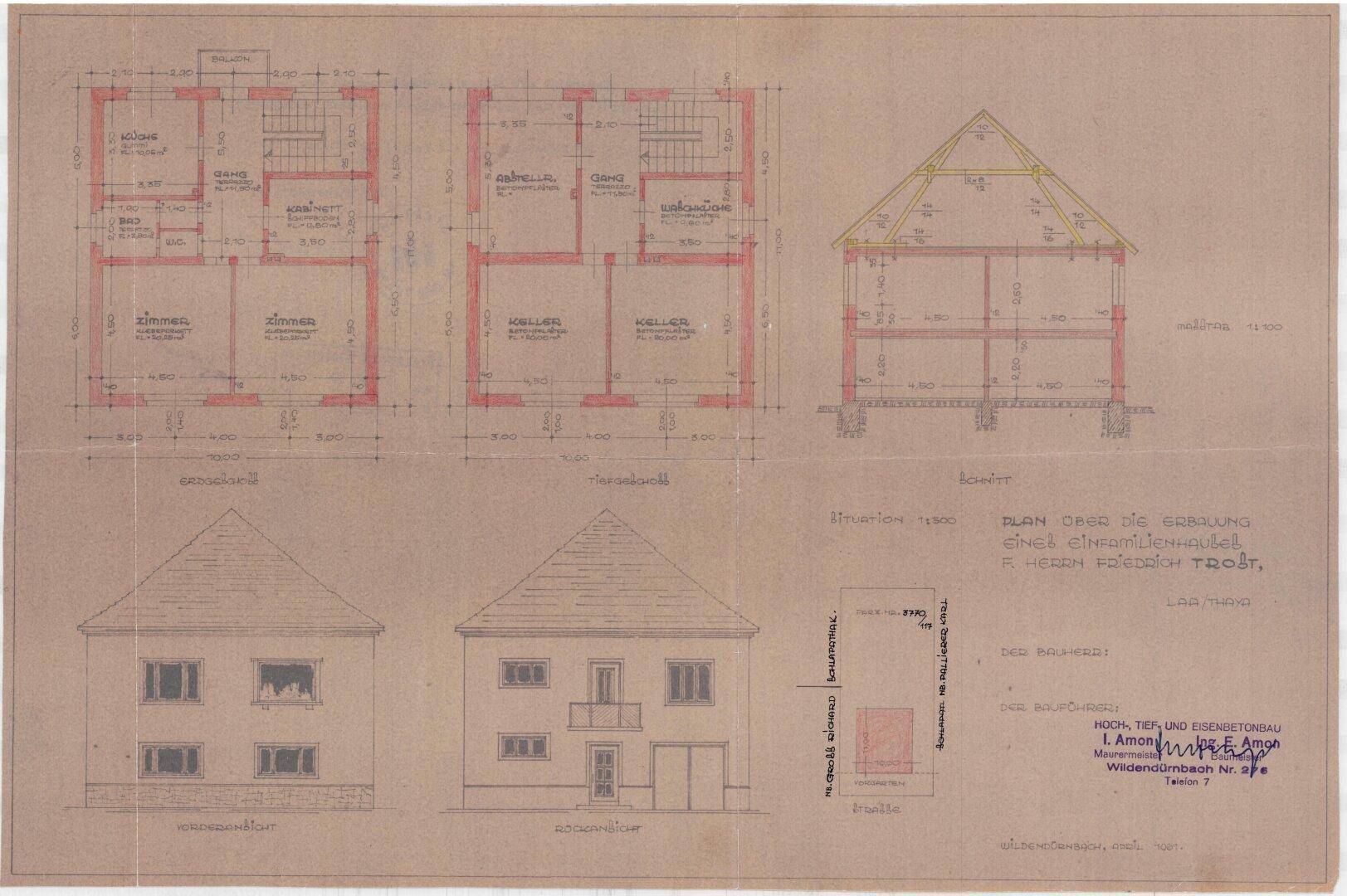 Architektonischer Plan des Hauses mit Grundrissen und Ansichten.
